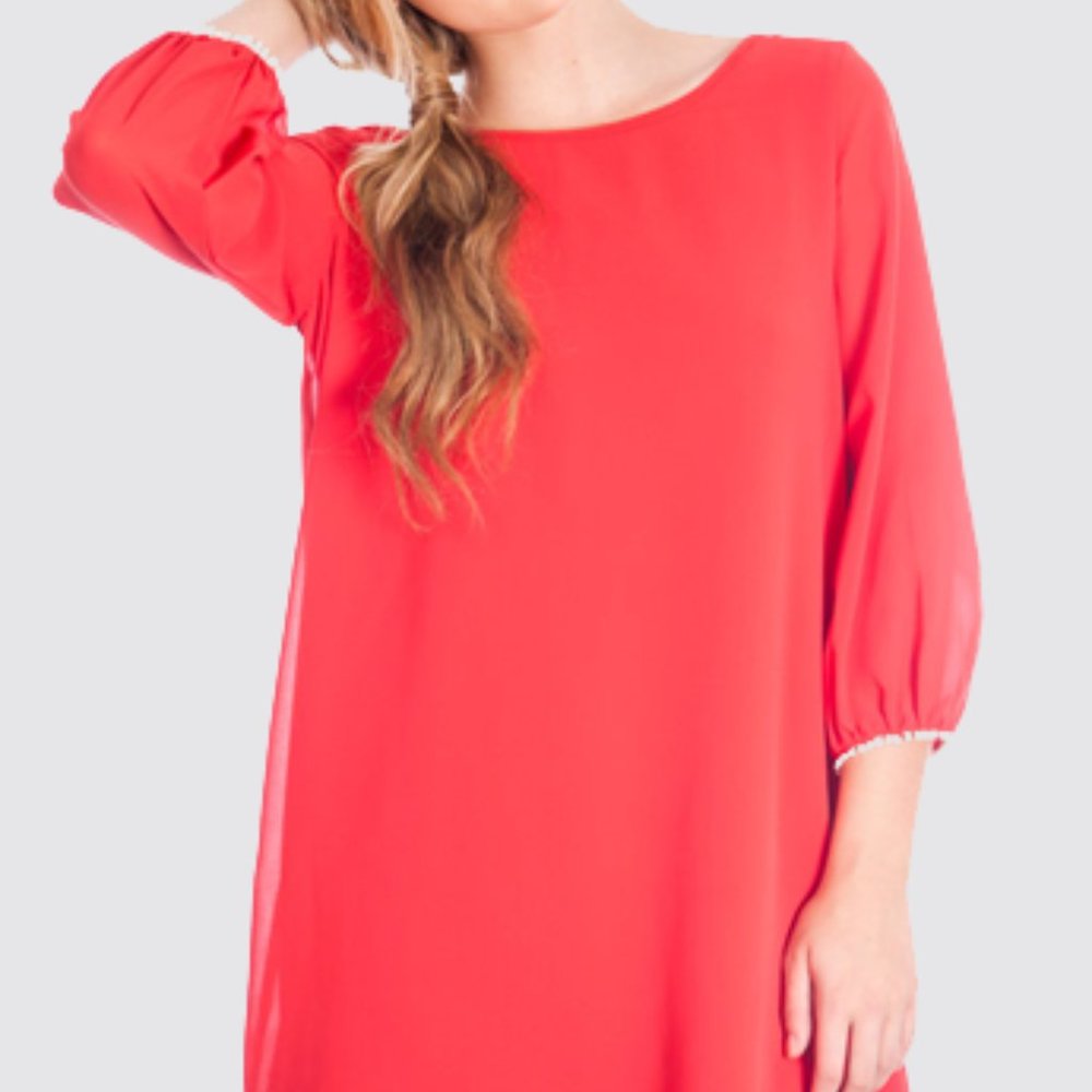 Red/Rust Pink with Bow Half-sleeve Dress